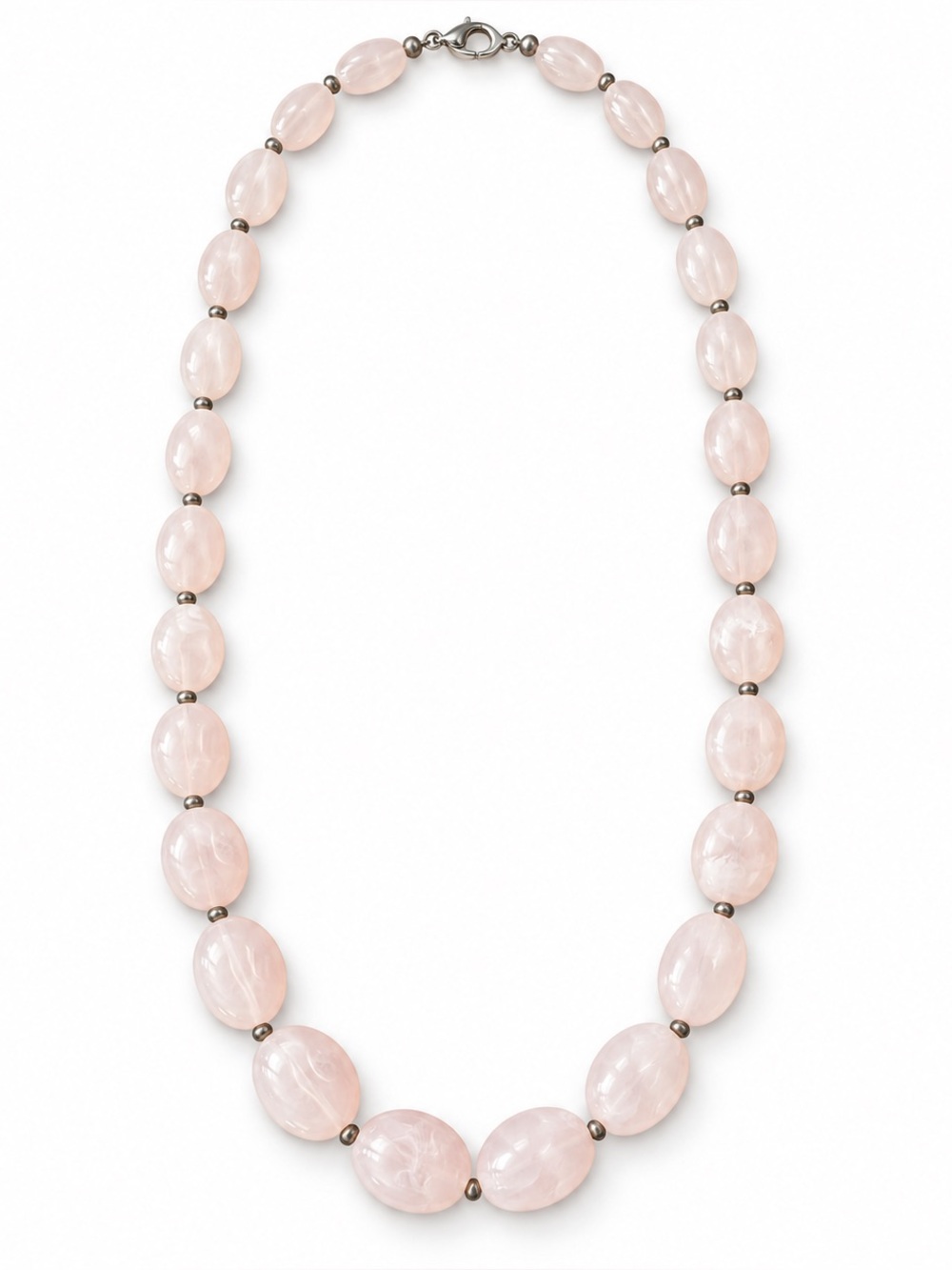 Vintage Rose Quartz Oval Beaded Necklace Pink Gemstone Silver Tone Clasp